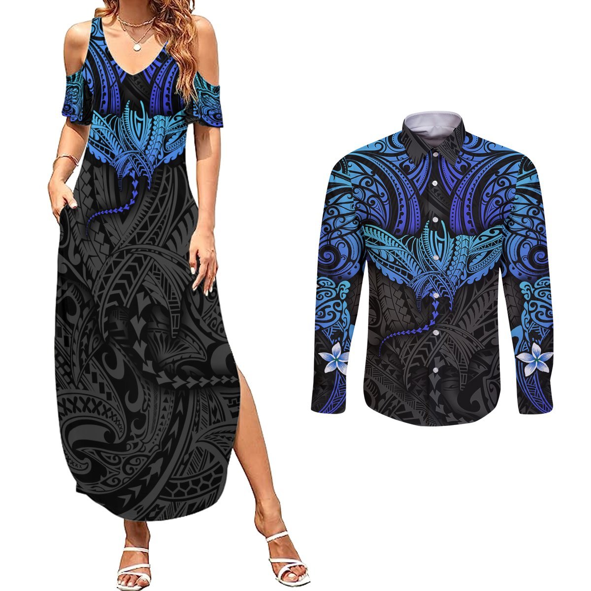 Polynesian Ray Pattern Couples Matching Summer Maxi Dress and Long Sleeve Button Shirt TS04 Black Blue - Polynesian Pride