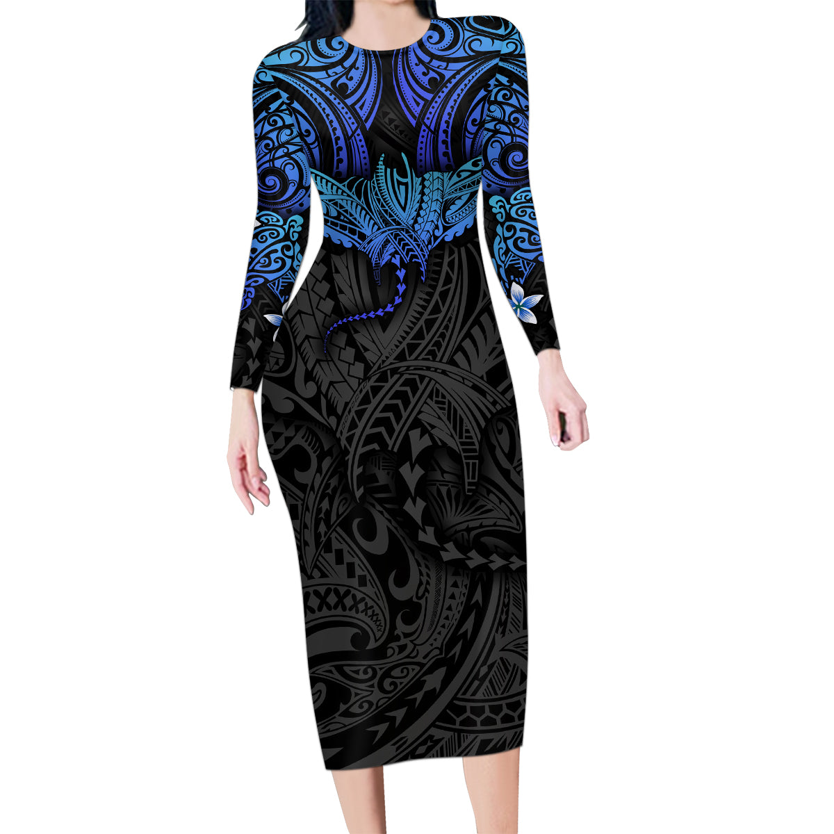 Polynesian Ray Pattern Family Matching Long Sleeve Bodycon Dress and Hawaiian Shirt TS04 Mom's Dress Black Blue - Polynesian Pride