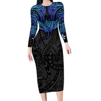 Polynesian Ray Pattern Family Matching Long Sleeve Bodycon Dress and Hawaiian Shirt TS04 Mom's Dress Black Blue - Polynesian Pride