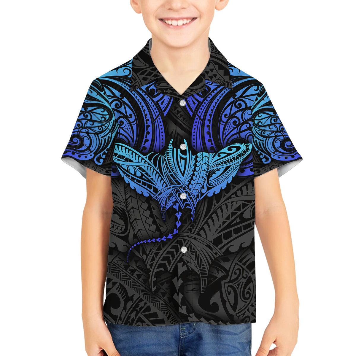 Polynesian Ray Pattern Family Matching Long Sleeve Bodycon Dress and Hawaiian Shirt TS04 Son's Shirt Black Blue - Polynesian Pride