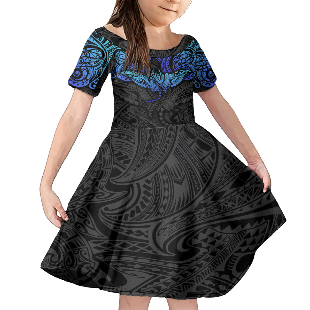 Polynesian Ray Pattern Family Matching Off Shoulder Short Dress and Hawaiian Shirt TS04 Daughter's Dress Black/Blue - Polynesian Pride