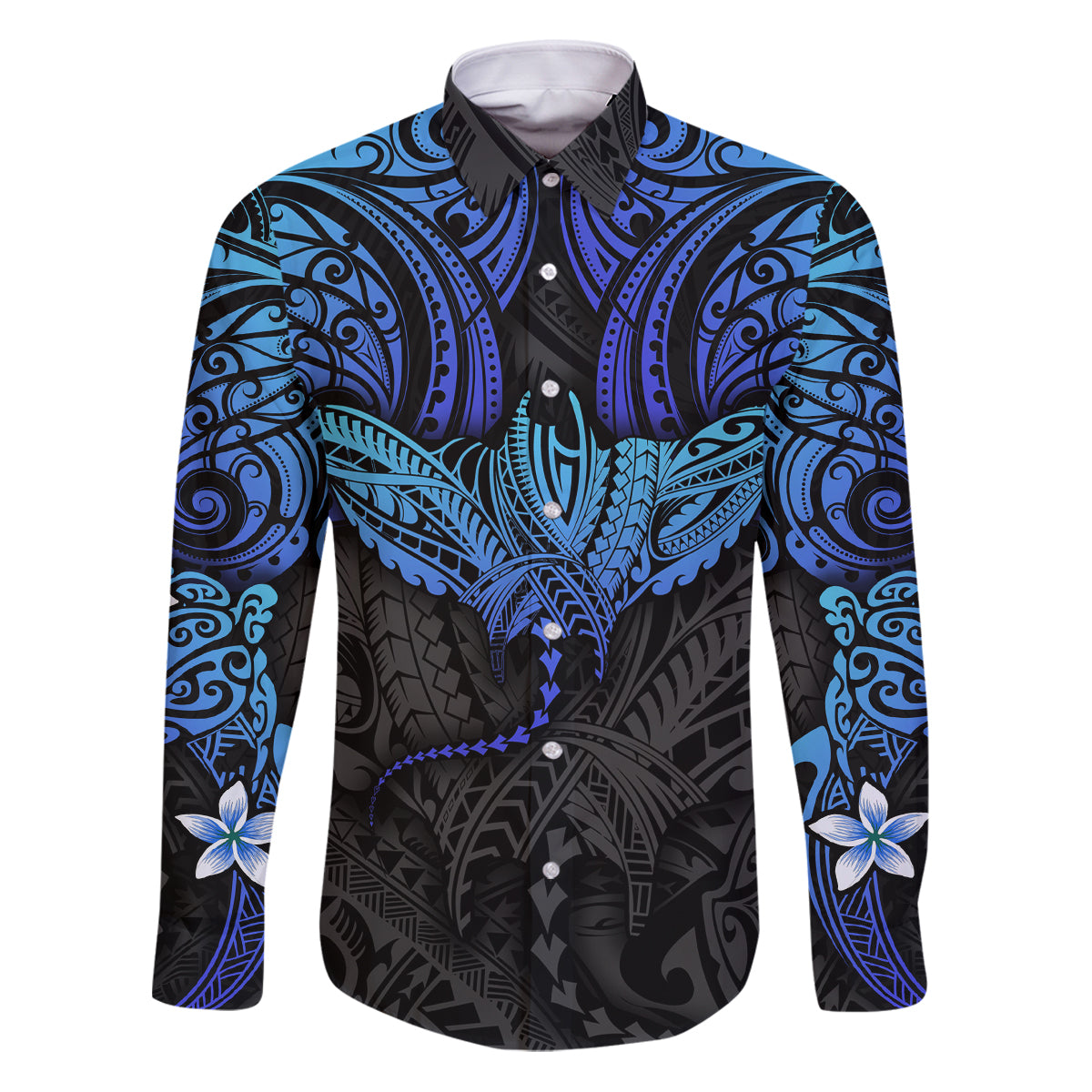 Polynesian Ray Pattern Family Matching Puletasi Dress and Hawaiian Shirt TS04 Dad's Shirt - Long Sleeve Black/Blue - Polynesian Pride