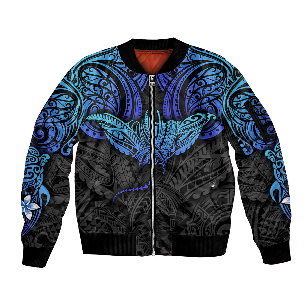 Polynesian Ray Pattern Sleeve Zip Bomber Jacket TS04 Unisex Black/Blue - Polynesian Pride