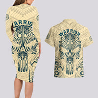 Polynesian Couples Matching Long Sleeve Bodycon Dress and Hawaiian Shirt Warrior Skull with Tribal Patterns Tattoo Design TS04 - Polynesian Pride