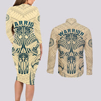Polynesian Couples Matching Long Sleeve Bodycon Dress and Long Sleeve Button Shirts Warrior Skull with Tribal Patterns Tattoo Design TS04 - Polynesian Pride