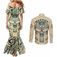 Polynesian Couples Matching Mermaid Dress and Long Sleeve Button Shirts Warrior Skull with Tribal Patterns Tattoo Design TS04 - Polynesian Pride