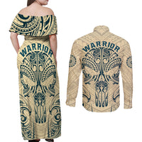 Polynesian Couples Matching Off Shoulder Maxi Dress and Long Sleeve Button Shirts Warrior Skull with Tribal Patterns Tattoo Design TS04 - Polynesian Pride