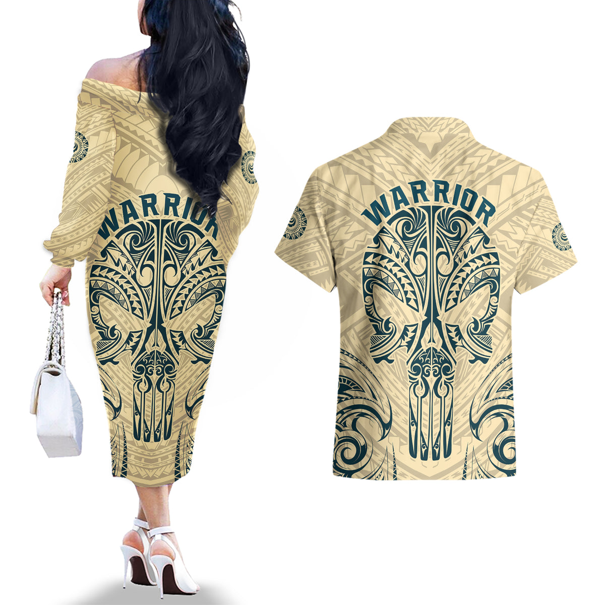Polynesian Couples Matching Off The Shoulder Long Sleeve Dress and Hawaiian Shirt Warrior Skull with Tribal Patterns Tattoo Design TS04 - Polynesian Pride