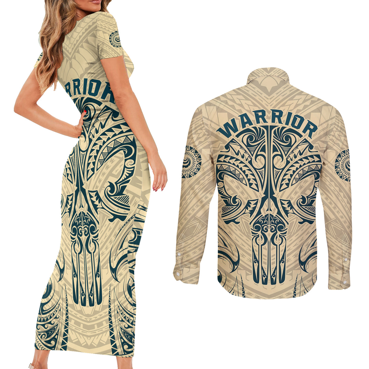 Polynesian Couples Matching Short Sleeve Bodycon Dress and Long Sleeve Button Shirts Warrior Skull with Tribal Patterns Tattoo Design TS04 - Polynesian Pride