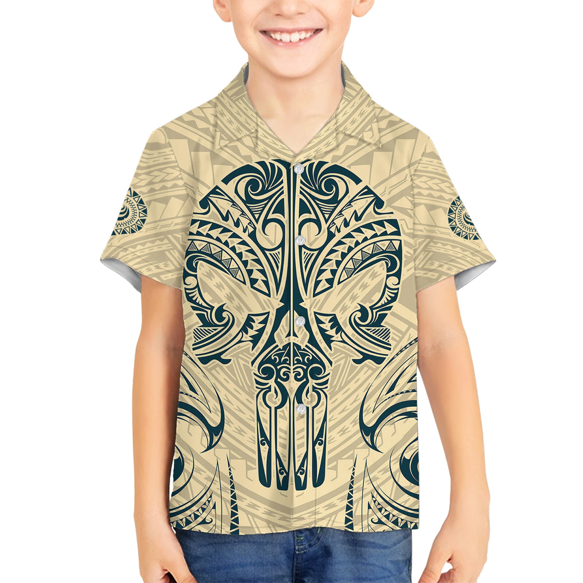 Polynesian Family Matching Long Sleeve Bodycon Dress and Hawaiian Shirt Warrior Skull with Tribal Patterns Tattoo Design TS04 Son's Shirt Yellow - Polynesian Pride