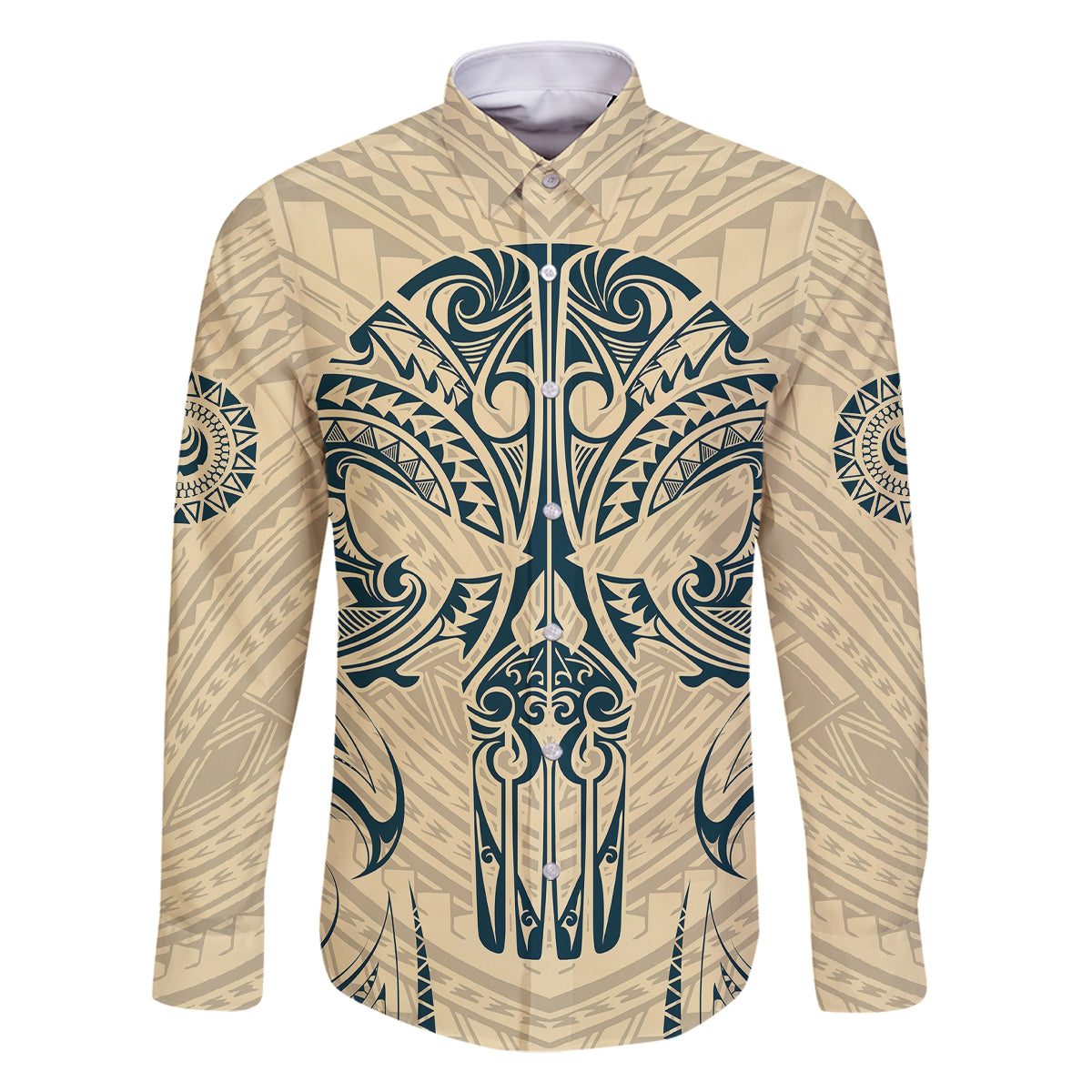Polynesian Family Matching Off Shoulder Short Dress and Hawaiian Shirt Warrior Skull with Tribal Patterns Tattoo Design TS04 Dad's Shirt - Long Sleeve Yellow - Polynesian Pride