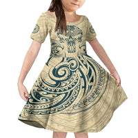 Polynesian Family Matching Short Sleeve Bodycon Dress and Hawaiian Shirt Warrior Skull with Tribal Patterns Tattoo Design TS04 Daughter's Dress Yellow - Polynesian Pride