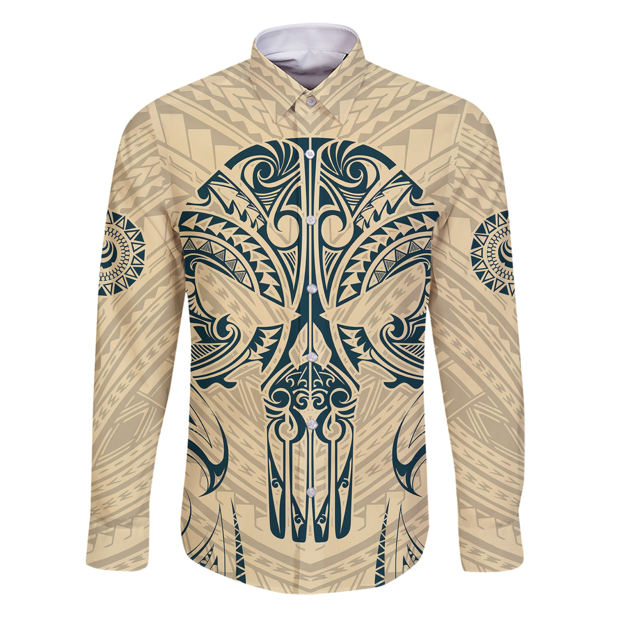 Polynesian Family Matching Short Sleeve Bodycon Dress and Hawaiian Shirt Warrior Skull with Tribal Patterns Tattoo Design TS04 Dad's Shirt - Long Sleeve Yellow - Polynesian Pride