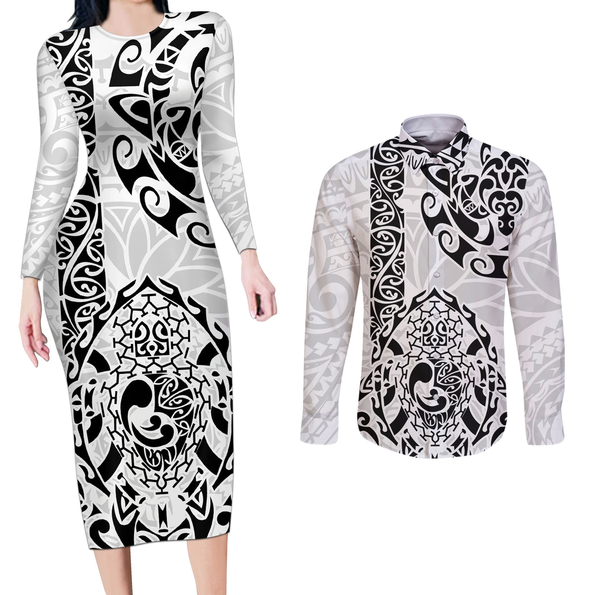 Hawaii Couples Matching Long Sleeve Bodycon Dress and Long Sleeve Button Shirts with Polynesian Turtle TS04 Black White - Polynesian Pride
