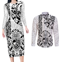 Hawaii Couples Matching Long Sleeve Bodycon Dress and Long Sleeve Button Shirts with Polynesian Turtle TS04 Black White - Polynesian Pride