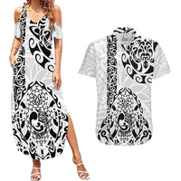 Hawaii Couples Matching Summer Maxi Dress and Hawaiian Shirt with Polynesian Turtle TS04 Black White - Polynesian Pride