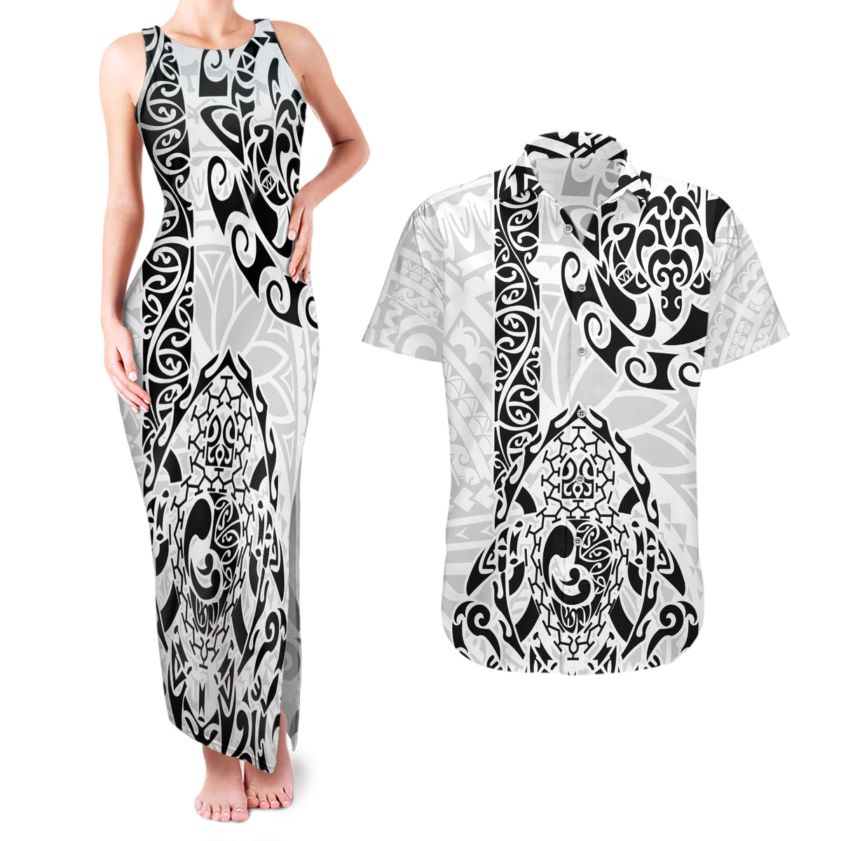Hawaii Couples Matching Tank Maxi Dress and Hawaiian Shirt with Polynesian Turtle TS04 Black White - Polynesian Pride