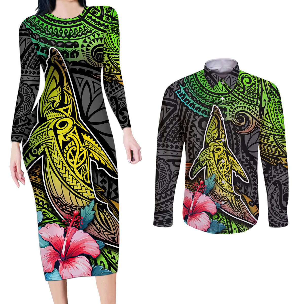 Polynesian Couples Matching Long Sleeve Bodycon Dress and Long Sleeve Button Shirts Whales and Compass Gradient Pattern TS04 Gradient - Polynesian Pride