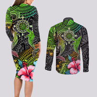 Polynesian Couples Matching Long Sleeve Bodycon Dress and Long Sleeve Button Shirts Whales and Compass Gradient Pattern TS04 - Polynesian Pride