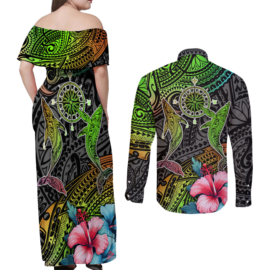 Polynesian Couples Matching Off Shoulder Maxi Dress and Long Sleeve Button Shirts Whales and Compass Gradient Pattern TS04 - Polynesian Pride