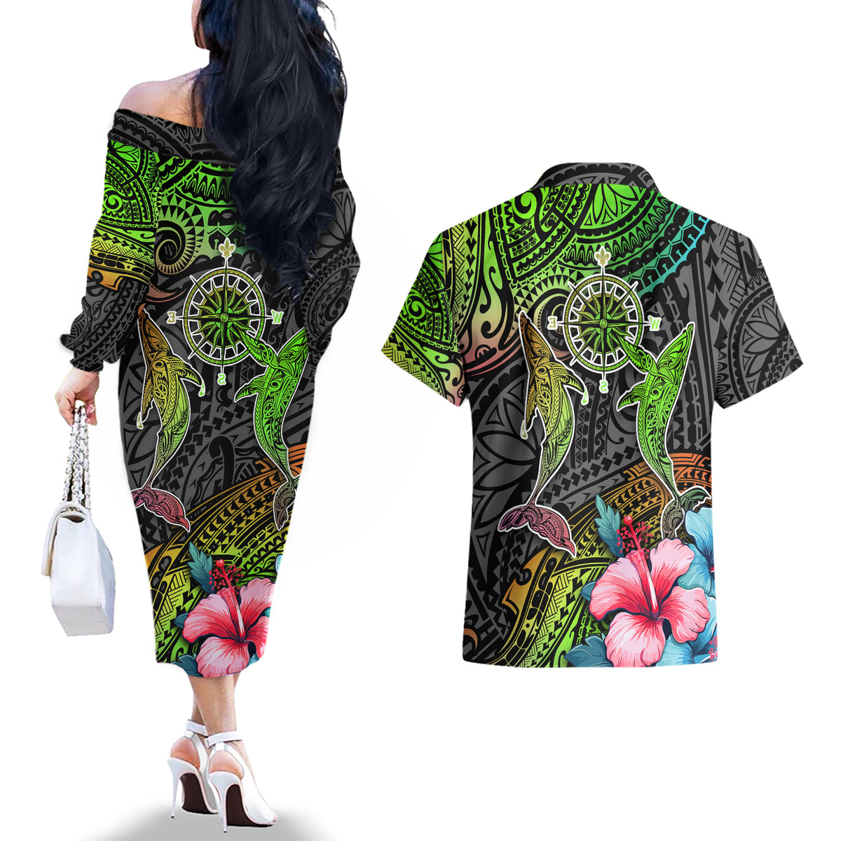 Polynesian Couples Matching Off The Shoulder Long Sleeve Dress and Hawaiian Shirt Whales and Compass Gradient Pattern TS04 - Polynesian Pride
