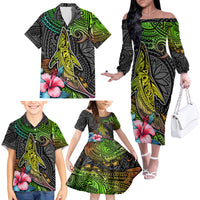Polynesian Family Matching Off Shoulder Long Sleeve Dress and Hawaiian Shirt Whales and Compass Gradient Pattern TS04 - Polynesian Pride
