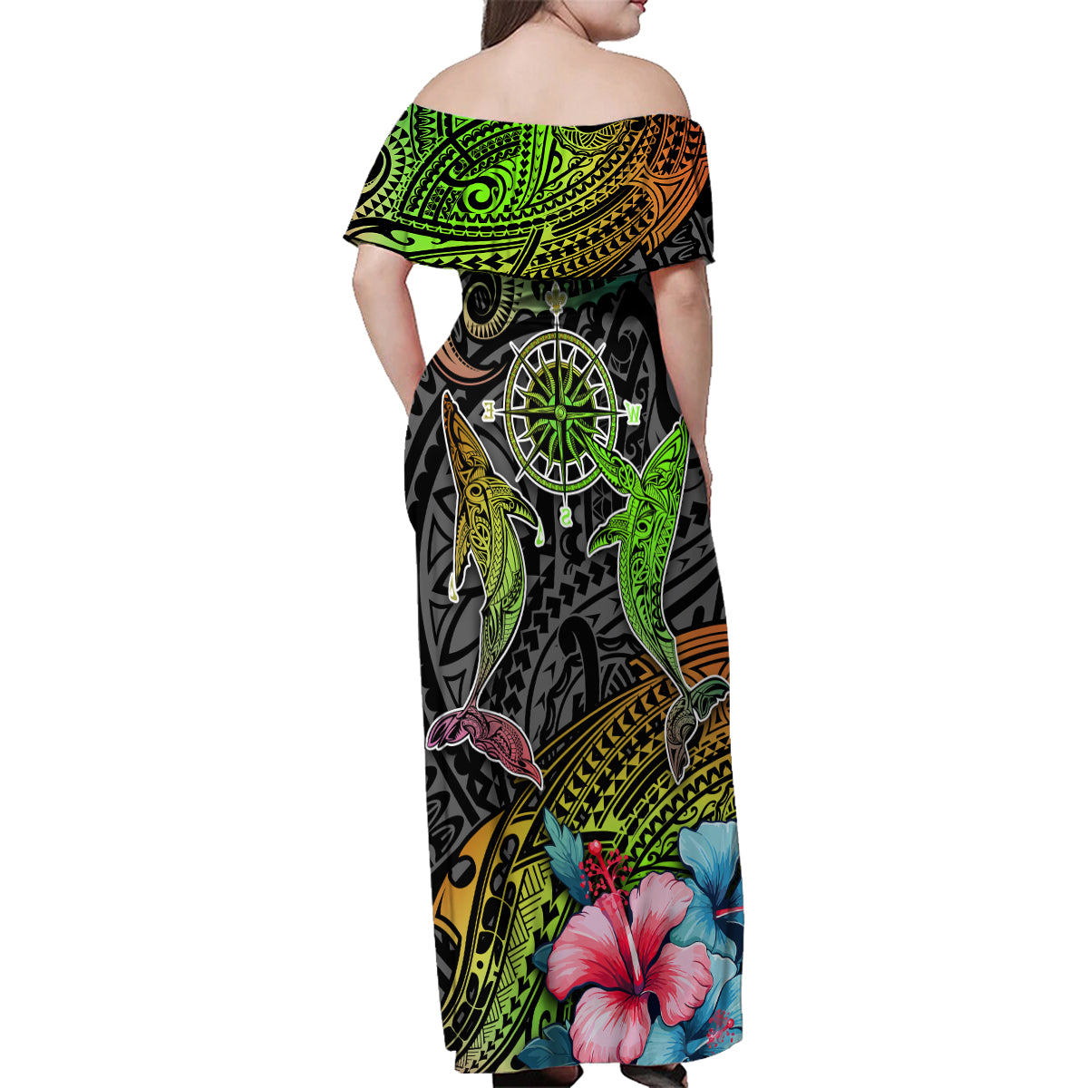 Polynesian Family Matching Off Shoulder Maxi Dress and Hawaiian Shirt Whales and Compass Gradient Pattern TS04 - Polynesian Pride