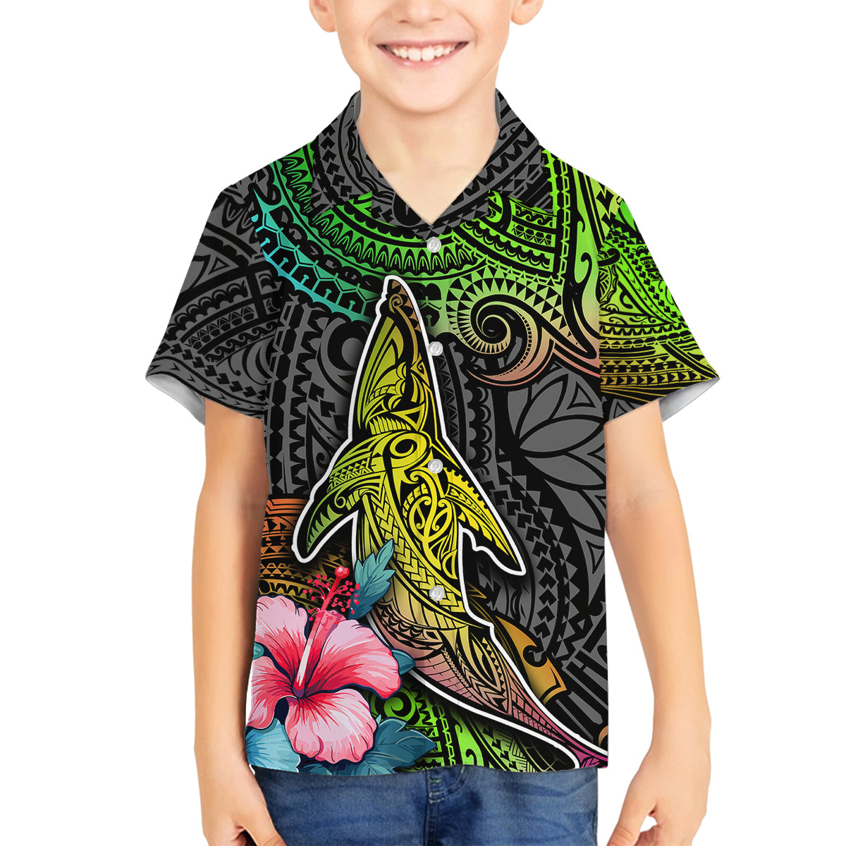 Polynesian Family Matching Puletasi Dress and Hawaiian Shirt Whales and Compass Gradient Pattern TS04 Son's Shirt Gradient - Polynesian Pride