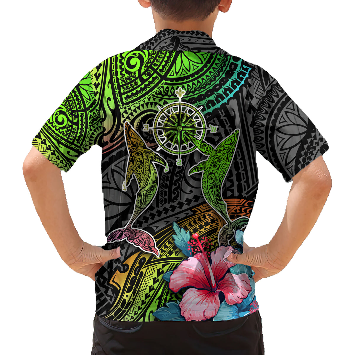 Polynesian Kid Hawaiian Shirt Whales and Compass Gradient Pattern TS04 - Polynesian Pride