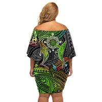 Polynesian Off Shoulder Short Dress Whales and Compass Gradient Pattern TS04 - Polynesian Pride