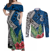 Polynesian Couples Matching Off Shoulder Maxi Dress and Long Sleeve Button Shirts Whale Pattern and Hibiscus Flowers TS04 Multicolor - Polynesian Pride