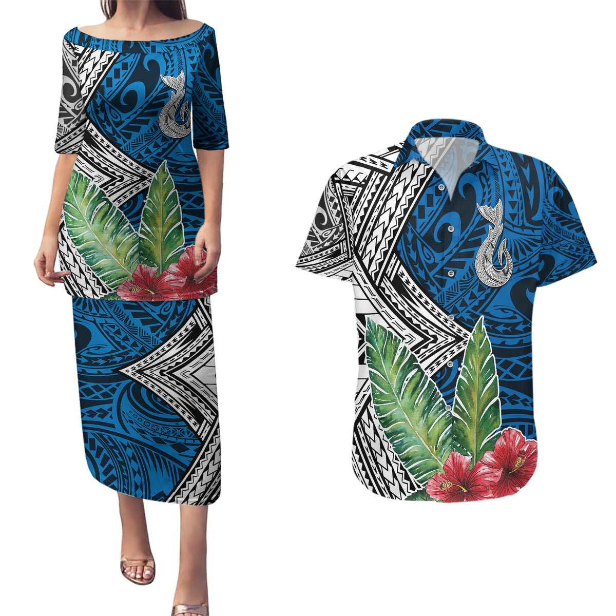 Polynesian Couples Matching Puletasi Dress and Hawaiian Shirt Whale Pattern and Hibiscus Flowers TS04 Multicolor - Polynesian Pride