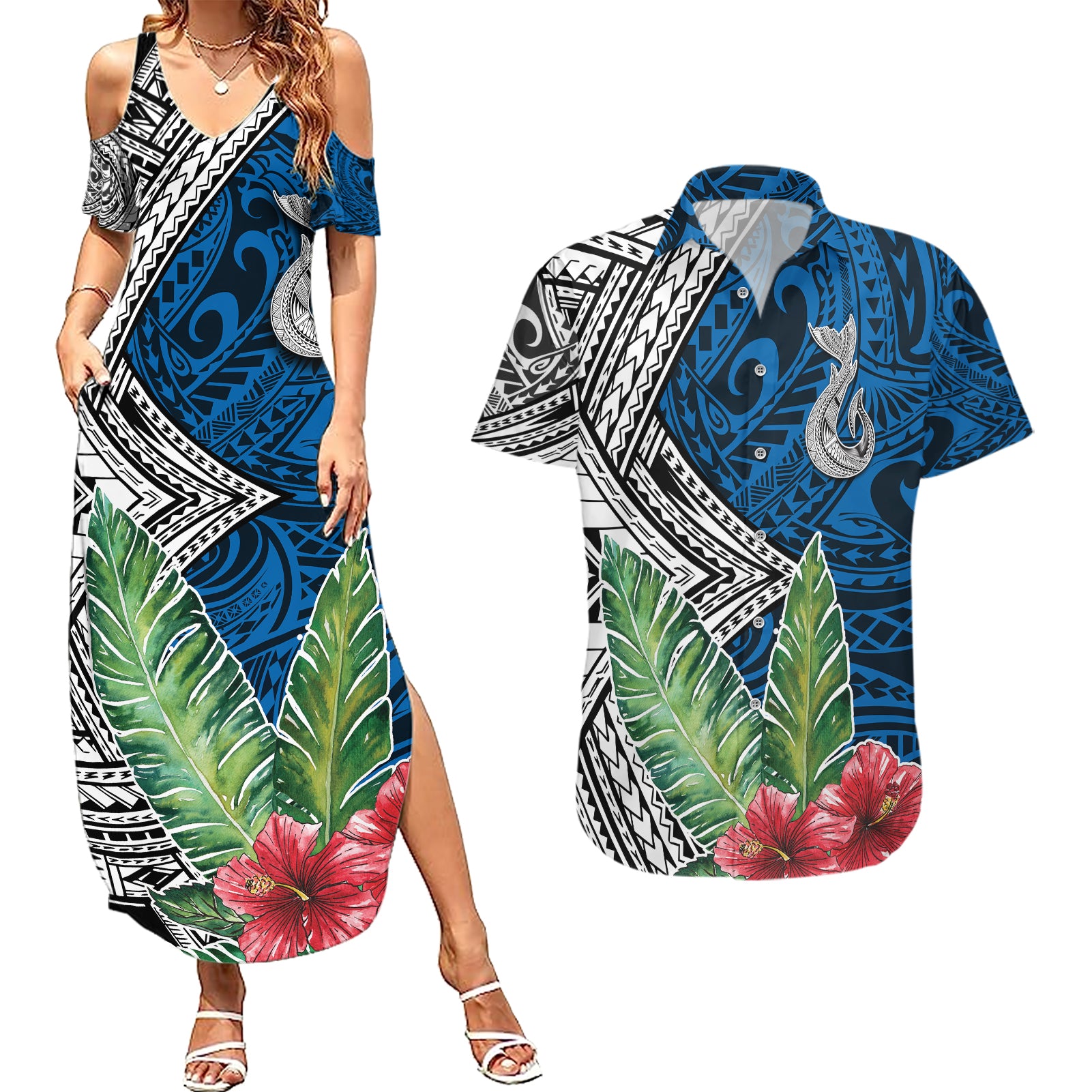 Polynesian Couples Matching Summer Maxi Dress and Hawaiian Shirt Whale Pattern and Hibiscus Flowers TS04 Multicolor - Polynesian Pride