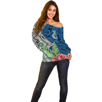 Polynesian Off Shoulder Sweater Whale Pattern and Hibiscus Flowers TS04 - Polynesian Pride