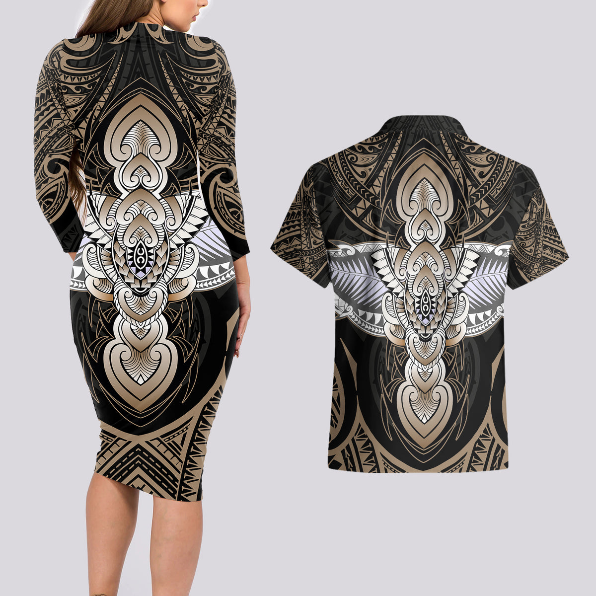 Polynesian Hawaii Tattoo Couples Matching Long Sleeve Bodycon Dress and Hawaiian Shirt TS04 - Polynesian Pride