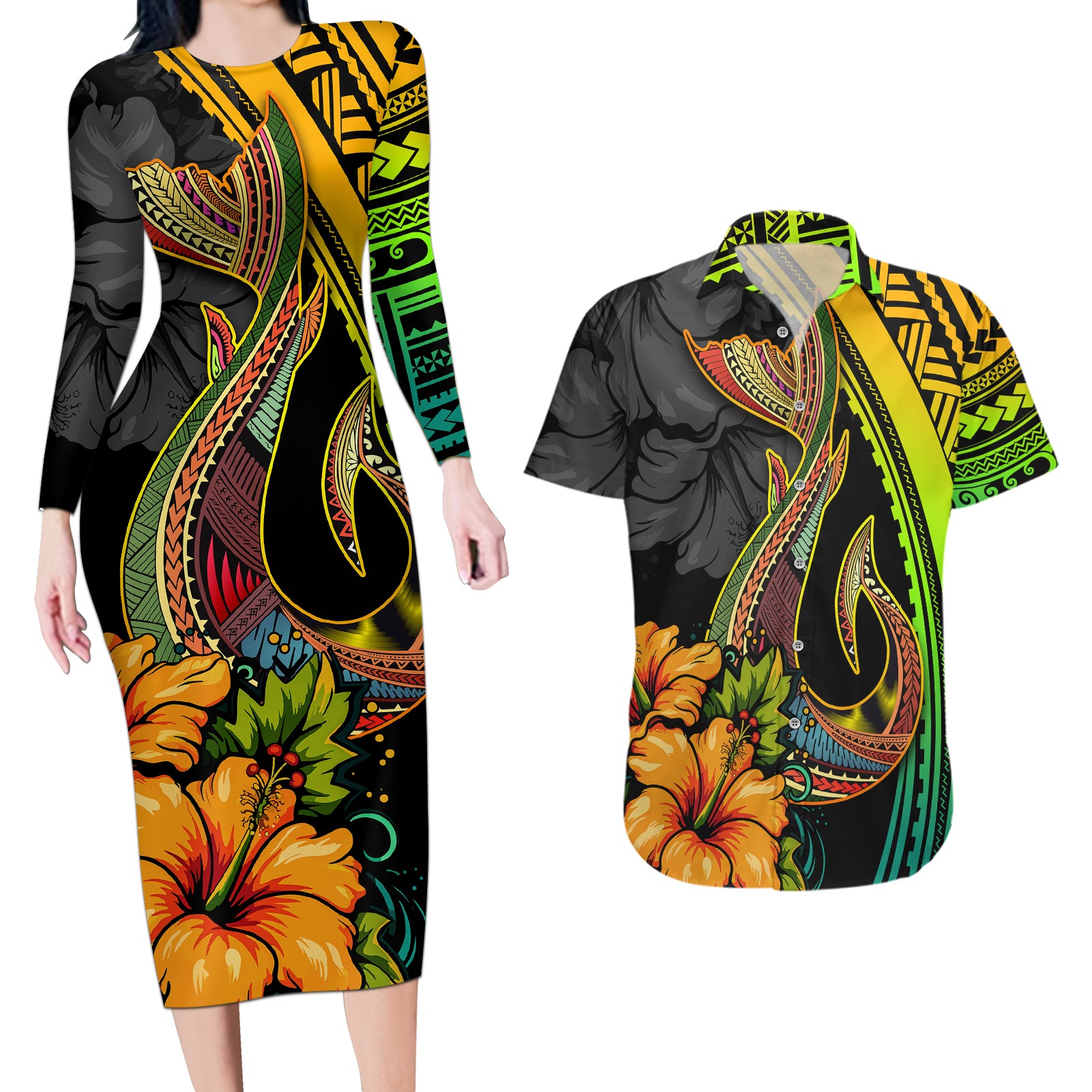 Hawaii Couples Matching Long Sleeve Bodycon Dress and Hawaiian Shirt Polynesian Fish Hook and Hibiscus Flowers with Gradient Pattern TS04 Multicolor - Polynesian Pride