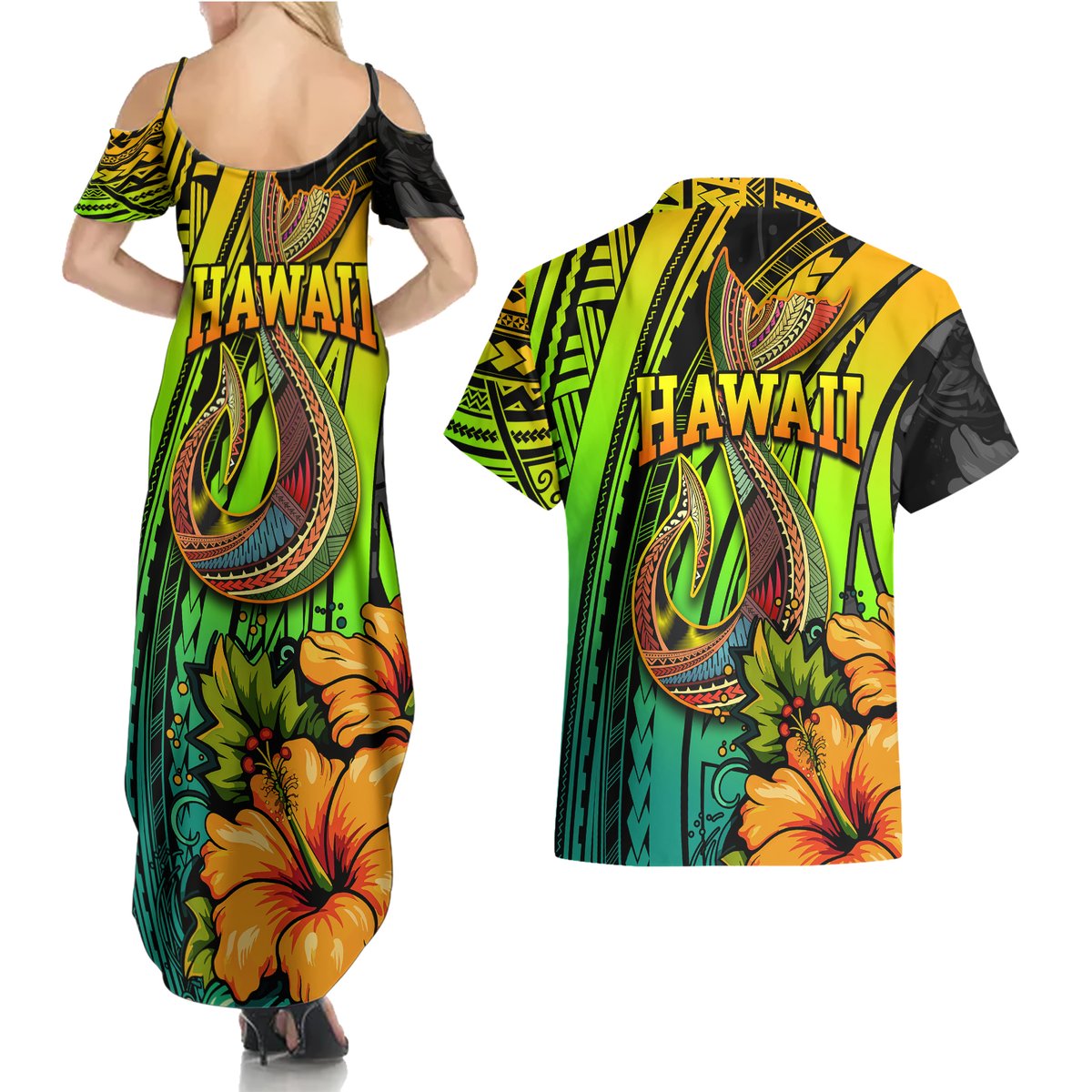 Hawaii Couples Matching Summer Maxi Dress and Hawaiian Shirt Polynesian Fish Hook and Hibiscus Flowers with Gradient Pattern TS04 - Polynesian Pride