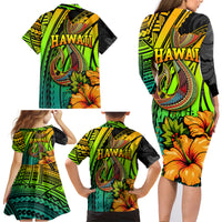 Hawaii Family Matching Long Sleeve Bodycon Dress and Hawaiian Shirt Polynesian Fish Hook and Hibiscus Flowers with Gradient Pattern TS04 - Polynesian Pride