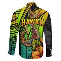 Hawaii Family Matching Long Sleeve Bodycon Dress and Hawaiian Shirt Polynesian Fish Hook and Hibiscus Flowers with Gradient Pattern TS04 - Polynesian Pride
