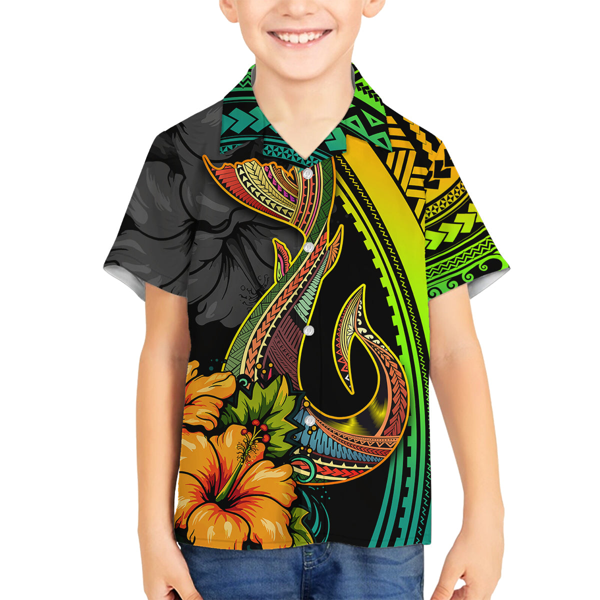 Hawaii Family Matching Long Sleeve Bodycon Dress and Hawaiian Shirt Polynesian Fish Hook and Hibiscus Flowers with Gradient Pattern TS04 Son's Shirt Multicolor - Polynesian Pride