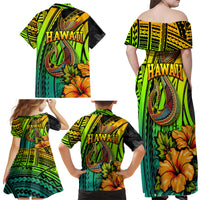 Hawaii Family Matching Off Shoulder Maxi Dress and Hawaiian Shirt Polynesian Fish Hook and Hibiscus Flowers with Gradient Pattern TS04 - Polynesian Pride
