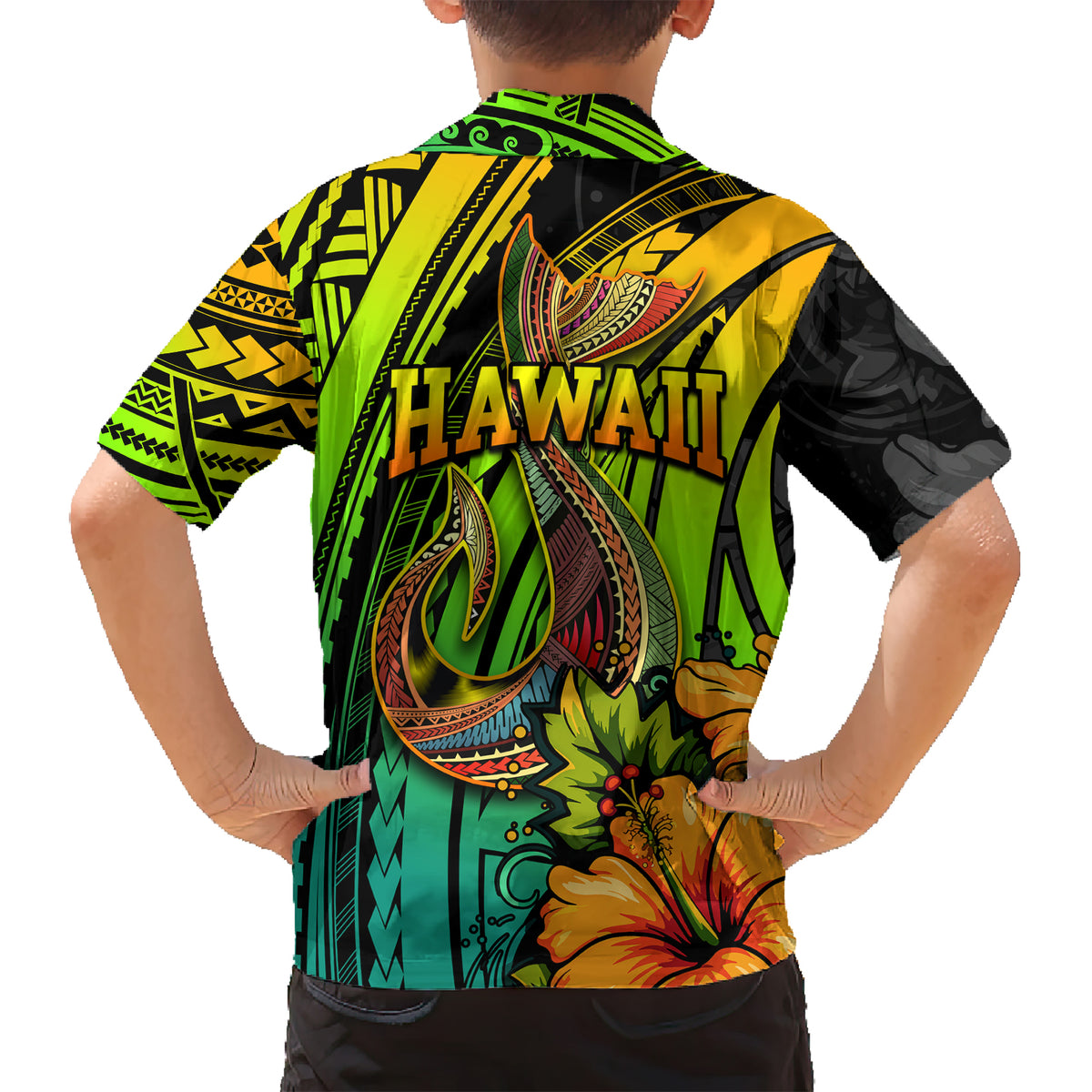Hawaii Kid Hawaiian Shirt Polynesian Fish Hook and Hibiscus Flowers with Gradient Pattern TS04 - Polynesian Pride