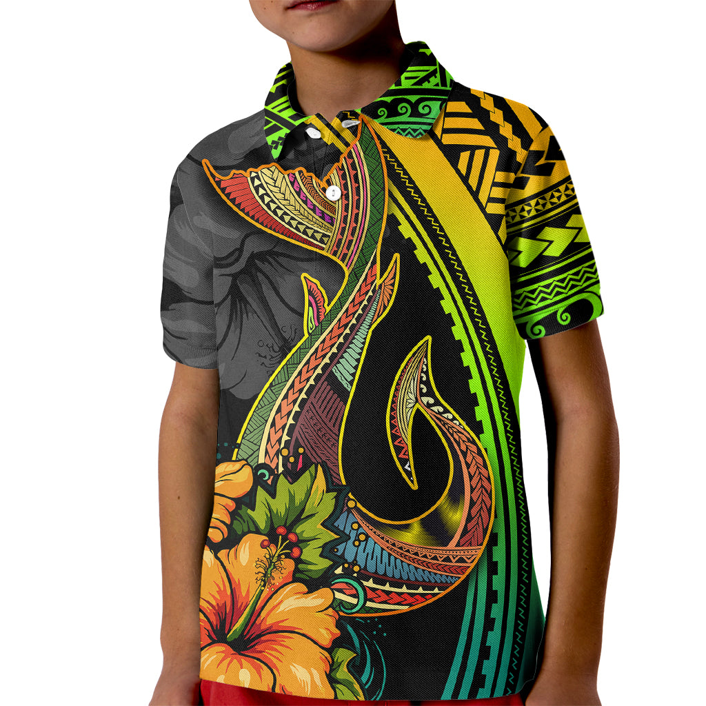 Hawaii Kid Polo Shirt Polynesian Fish Hook and Hibiscus Flowers with Gradient Pattern TS04 Kid Multicolor - Polynesian Pride