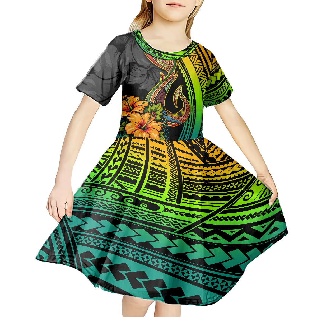 Hawaii Kid Short Sleeve Dress Polynesian Fish Hook and Hibiscus Flowers with Gradient Pattern TS04 - Polynesian Pride