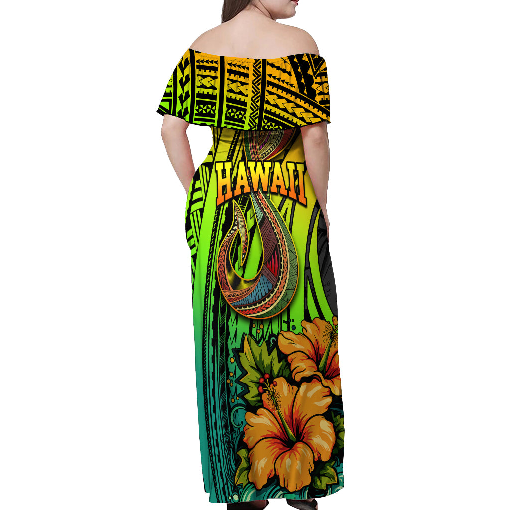 Hawaii Off Shoulder Maxi Dress Polynesian Fish Hook and Hibiscus Flowers with Gradient Pattern TS04 - Polynesian Pride