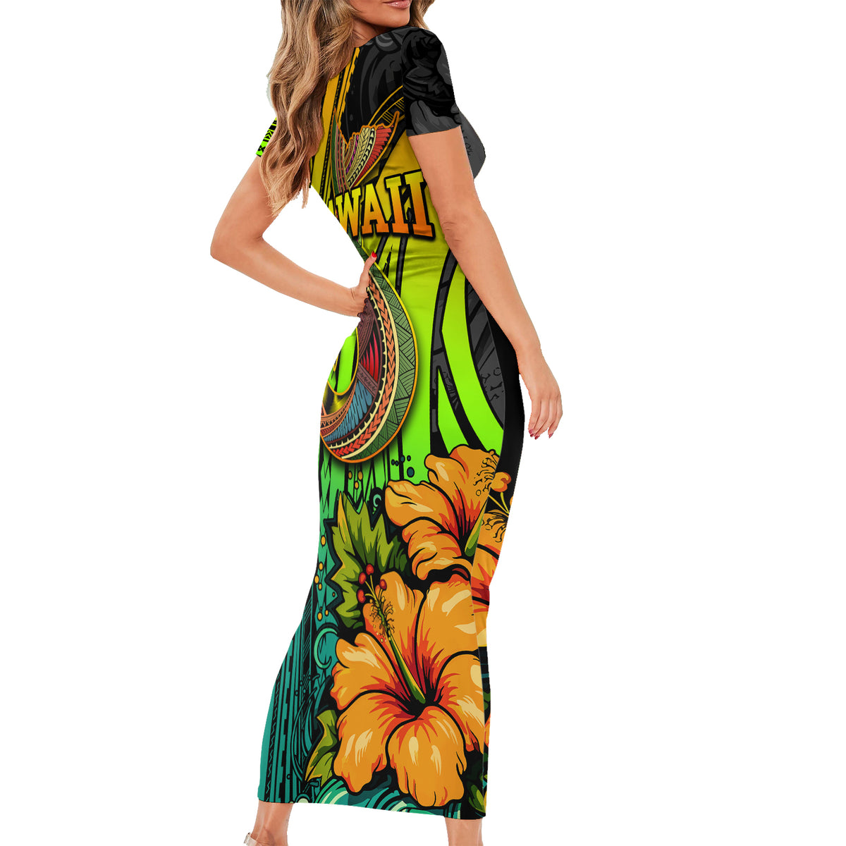 Hawaii Short Sleeve Bodycon Dress Polynesian Fish Hook and Hibiscus Flowers with Gradient Pattern TS04 - Polynesian Pride