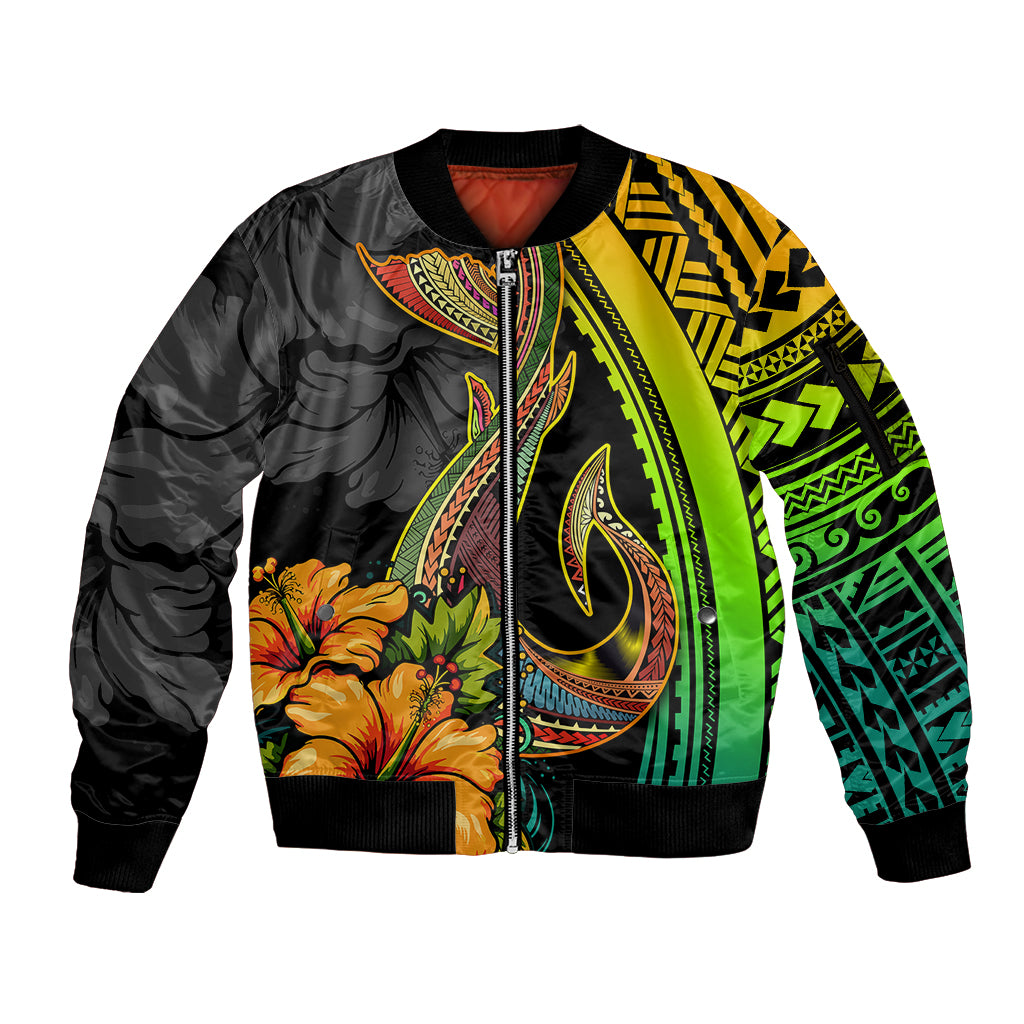 Hawaii Sleeve Zip Bomber Jacket Polynesian Fish Hook and Hibiscus Flowers with Gradient Pattern TS04 Unisex Multicolor - Polynesian Pride