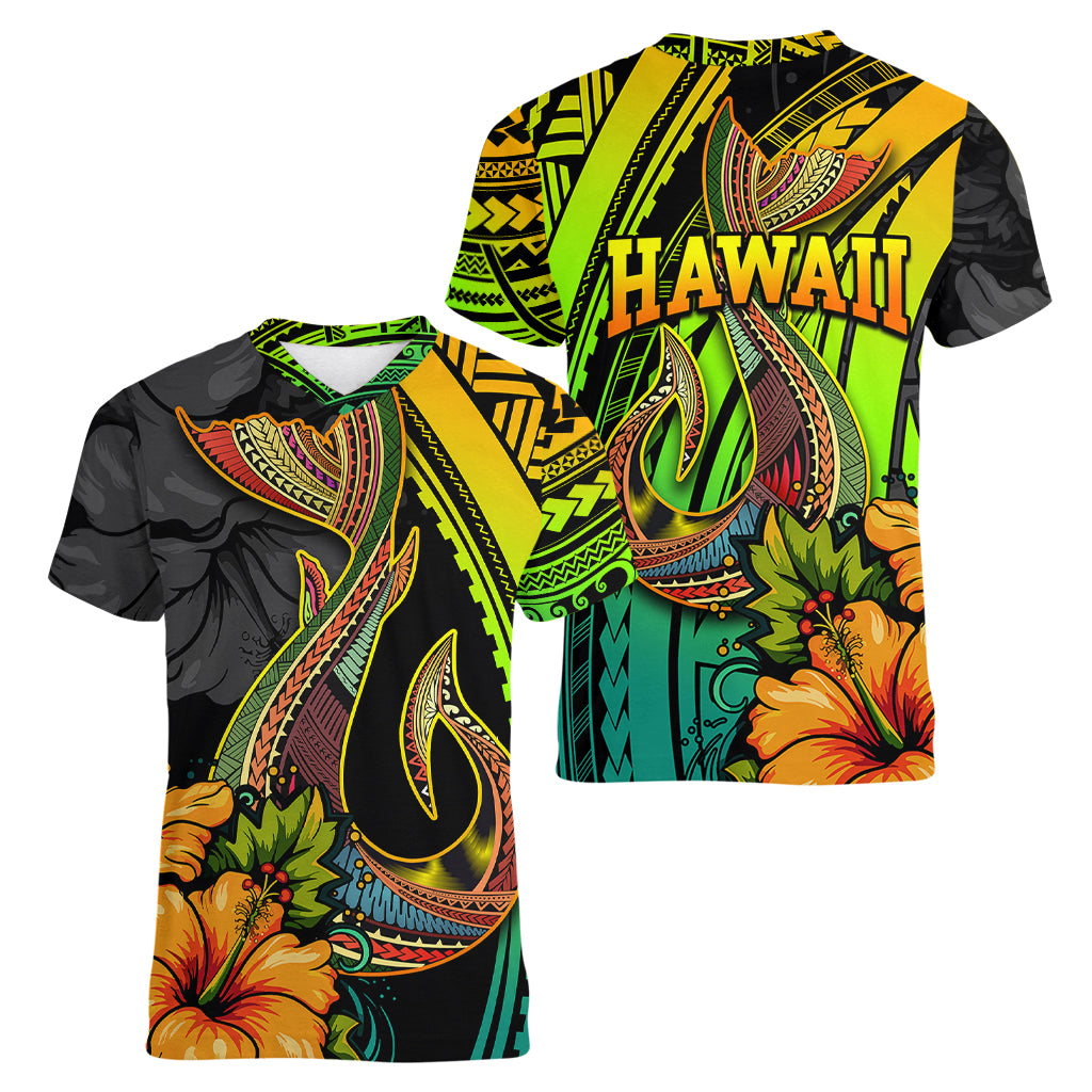 Hawaii Women V Neck T Shirt Polynesian Fish Hook and Hibiscus Flowers with Gradient Pattern TS04 - Polynesian Pride