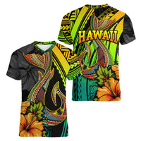 Hawaii Women V Neck T Shirt Polynesian Fish Hook and Hibiscus Flowers with Gradient Pattern TS04 - Polynesian Pride