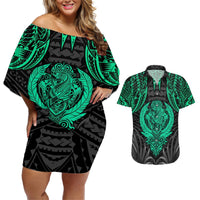 Polynesian Couples Matching Off Shoulder Short Dress and Hawaiian Shirt Abstract Tiki TS04 Black Yellow - Polynesian Pride